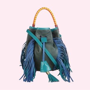 Women’s Designer Green Teal Fringe Purse Sara Battaglia Jasmine Bucket Bag
